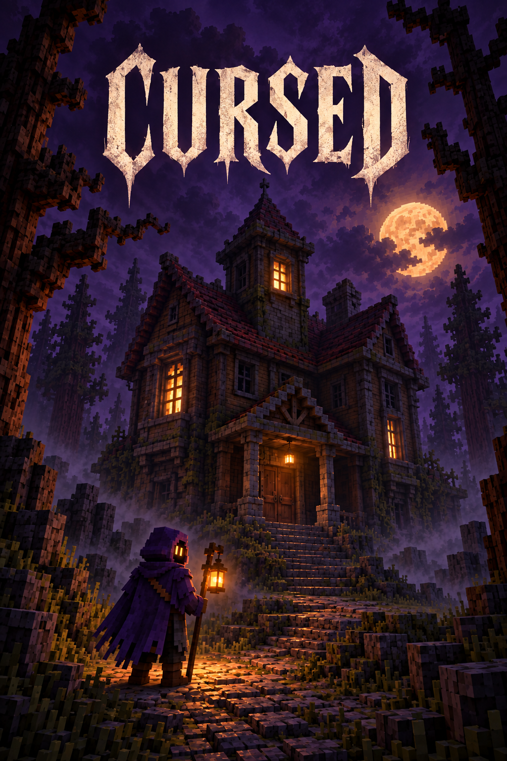 Portada vertical de Cursed: mansión embrujada, luna y explorador con una linterna, con el título del juego