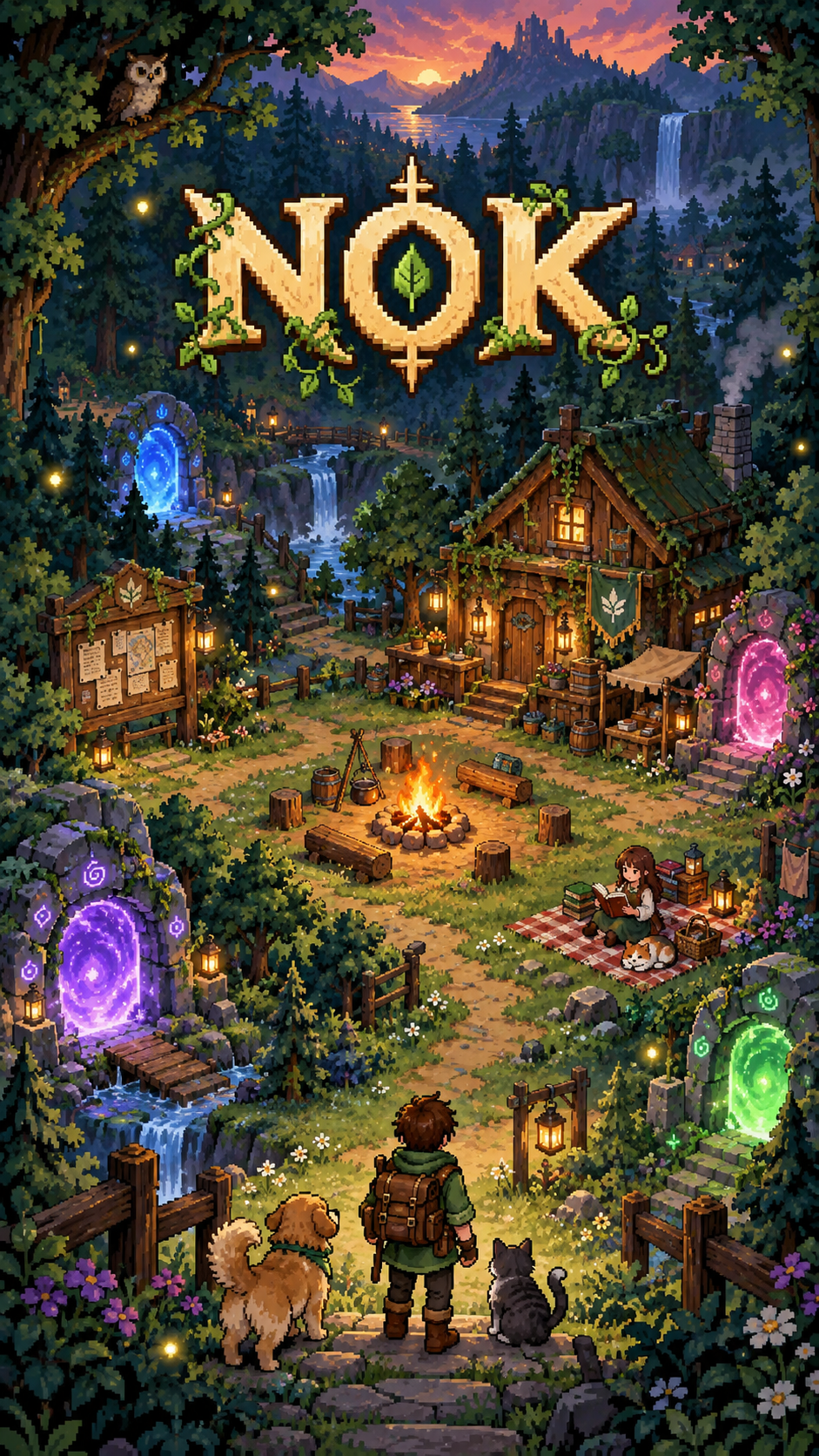 Portada de NOK: un bosque pixelado con portales de colores y un aventurero acompañado por un perro y un gato